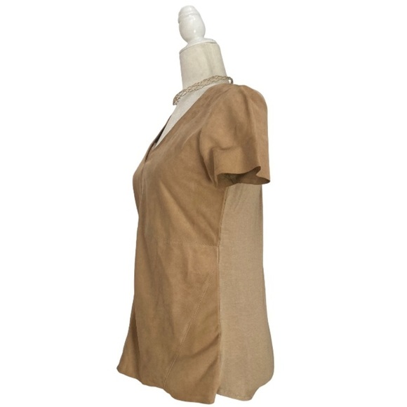 ECRU Clothing Suede Leather V Neck Short Sleeve Top NWT in Caramel Tan - Picture 3 of 8
